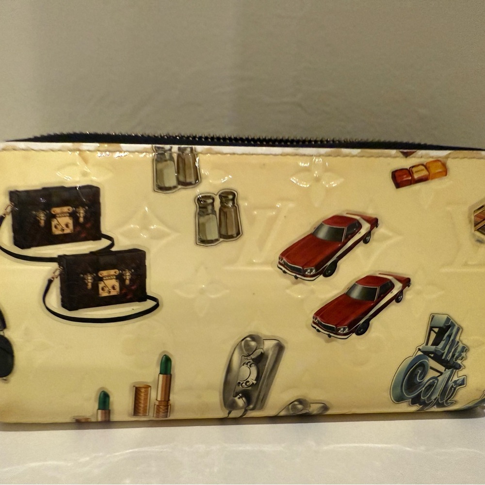 Cream Designer Louis Vuitton wallet with Car and Makeup Print